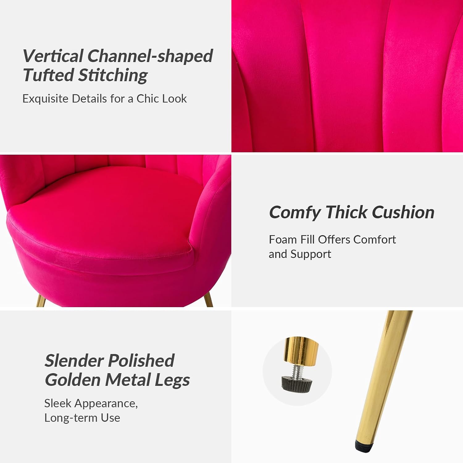 HULALA HOME Modern Velvet Accent Chairs Set of 2 with Shell Shaped Back, Cute Living Room Bedroom Armchairs with Gold Legs, Comfy Upholstered Vanity Chairs for Makeup Room, Fushia