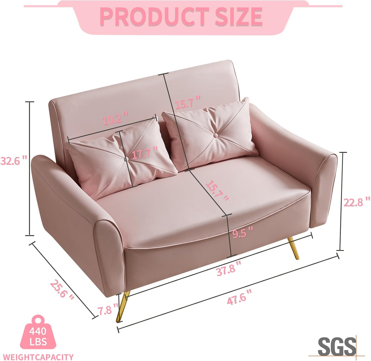Brelice 48' Faux Leather Loveseat Sofa, Modern Small Couch for Small Space with 2 Pillows, 2 Seater Couch for Living Room, Bedroom, Office, Apartment (Pink)