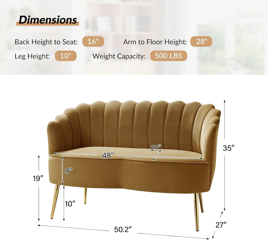 HULALA HOME Modern Velvet Loveseat Sofa with Flower Shaped Back, Comfy Upholstered 2-Seater Sofa with Gold Metal Legs, Small Love Seat Accent Couch for Living Bedroom Leisure Areas, Golden