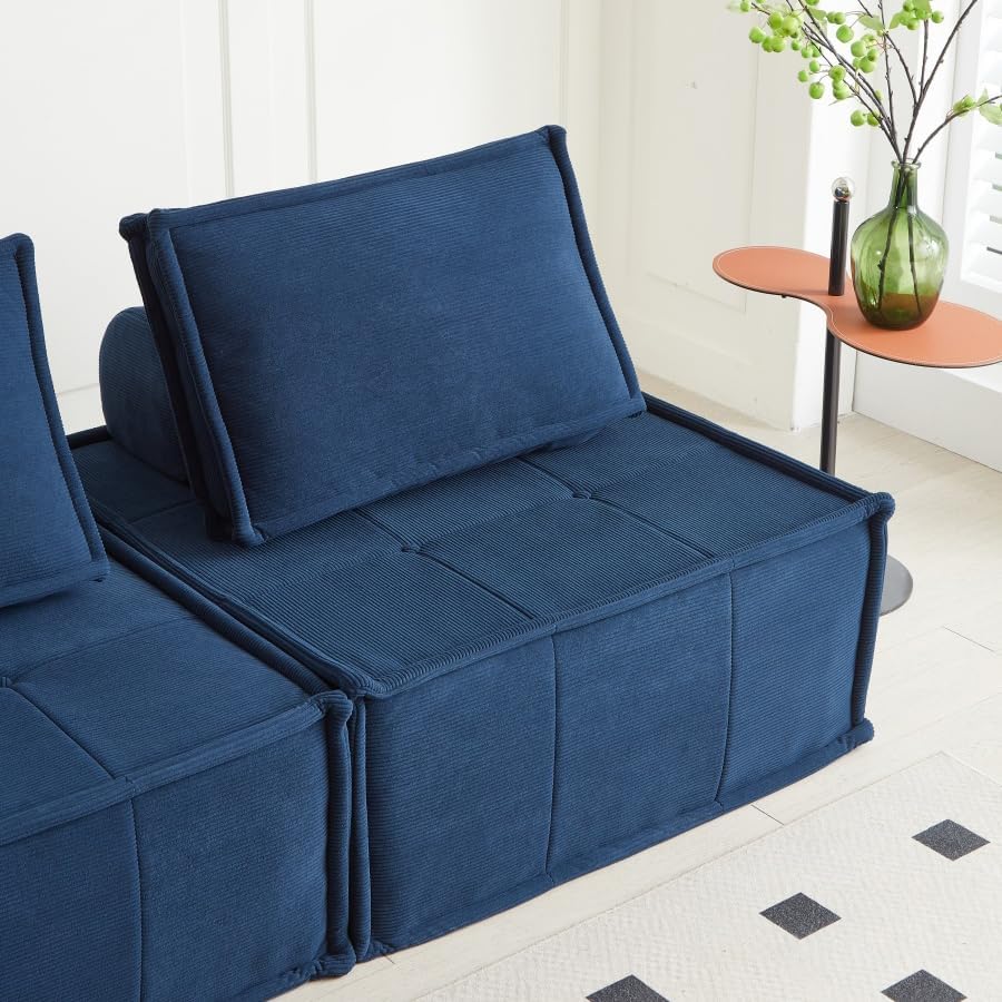 PurrJoys Modular Sectional Sofa, 3-Piece 105' Deep Seat Corduroy Lounge Sofa with Movable Cushions, Modular Couch for Small Spaces, Living Room, Bedroom, Apartment, Office - Blue
