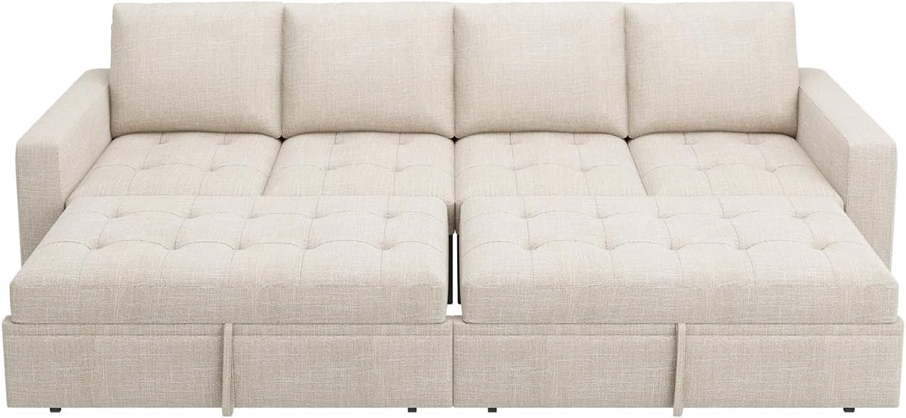 HONBAY Modular Sectional Sleeper Sofa with Pull Out Bed, Linen Convertible Sectional Couches for Living Room,Beige