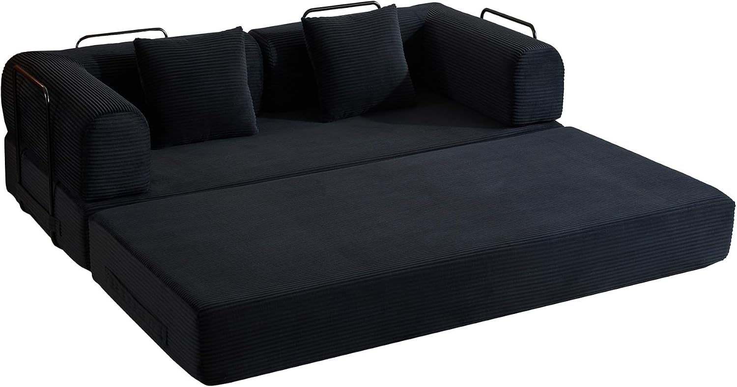 ZEIINPA Convertible Sleeper Sofa Bed with Fixed-Shape Frame, Corduroy Folding Boneless Couch with Cylindrical Pillow, Comfy Floor Sofa Couch for Living Room, No Assembly Required, Black