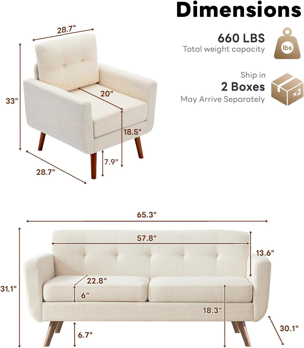 Tbfit Mid Century Modern Sofa Couch, Beige, Loveseat & Accent Chair | linen fabric, button tufted, solid wood foot, pocket spring, wood slats frame
