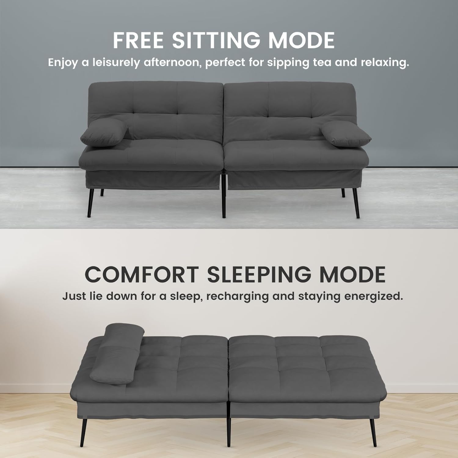 COMHOMA Convertible Sofa Bed,72″Fabric Couch with Adjustable Backrest,Loveseat Recliner Sleeper Living Room Furniture futon Set (Black)