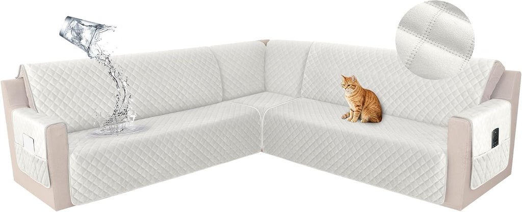 HDCAXKJ Waterproof Corner Sectional Couch Cover Velvet L Shape Sofa Covers for Pets Dogs Soft Heavy Duty U Shaped Sofa Slipcovers Sets for Sectional Non Slip Furniture Protector (Cream, XX-Large)