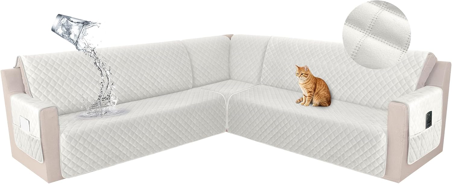 HDCAXKJ Waterproof Corner Sectional Couch Cover Velvet L Shape Sofa Covers for Pets Dogs Soft Heavy Duty U Shaped Sofa Slipcovers Sets for Sectional Non Slip Furniture Protector (Cream, XX-Large)