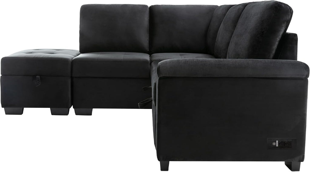 LUMISOL 87.4' Convertible Sleeper Sofa Bed with Storage Ottoman, L-Shaped Sectional Sofa with Storage Arm & Charging Stations, Pull Out Sofa Couch with Chaise for Living Room, Black