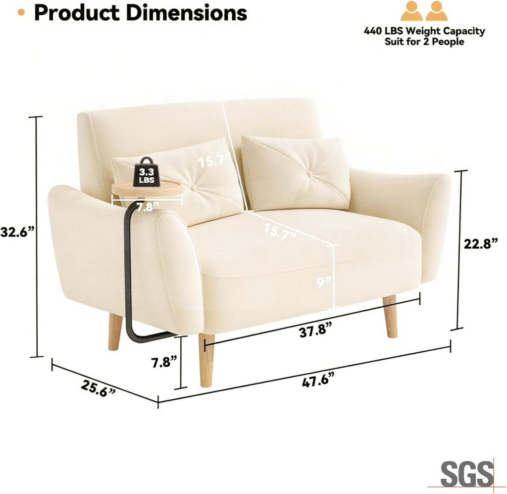 Brelice Loveseat Sofa, 47' Velvet Couch for Bedroom, Convertible Wooden Tray & Ergonomic Armrest, for Small Space, Apartment, Living Room, Home Office, Easy Assembly, Beige
