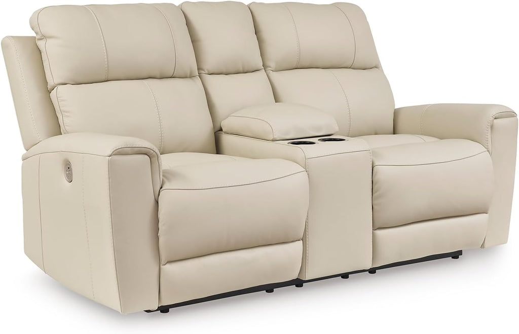 Signature Design by Ashley Dahlmoore Contemporary Leather Match Power Reclining Loveseat with Console and USB Ports, Beige