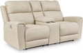 Signature Design by Ashley Dahlmoore Contemporary Leather Match Power Reclining Loveseat with Console and USB Ports, Beige