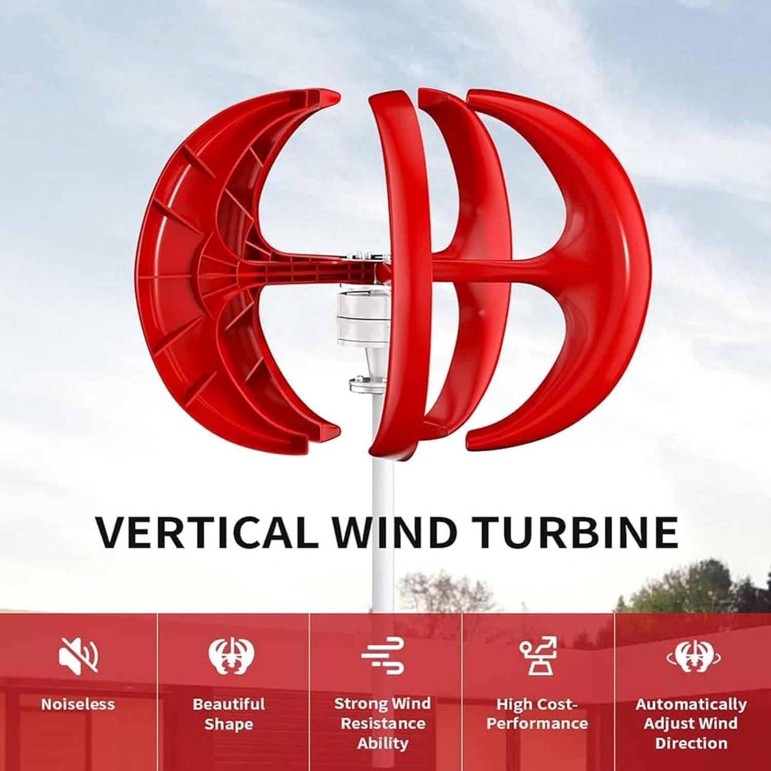 400W 600W 800W 1000W 1200W 12V 24V Red Vertical Axis High Efficiency Wind Turbine Generator Could Be Hybrid System with Solar Panels for Home Use,12V-600W