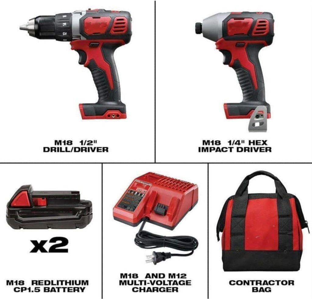 M18 Cordless Power Tool Combo Kit with 1/2' Drill Driver, 1/4' Impact Driver, 2 Batteries, Charger and Contractor Bag, Red and Black