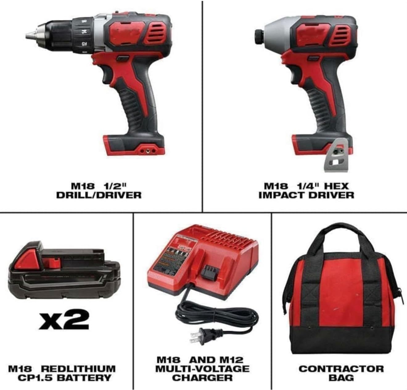 M18 Cordless Power Tool Combo Kit with 1/2' Drill Driver, 1/4' Impact Driver, 2 Batteries, Charger and Contractor Bag, Red and Black