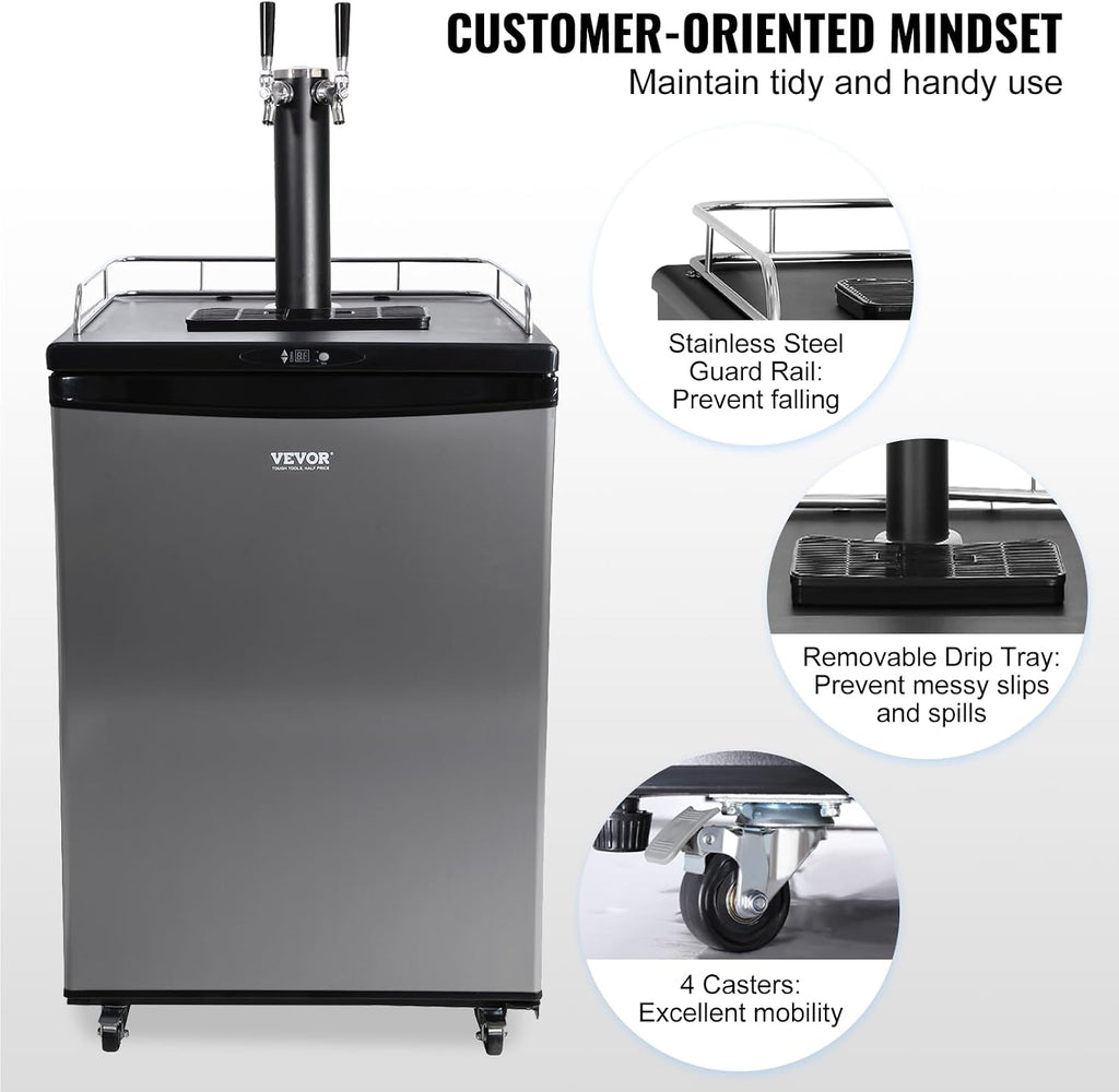 VEVOR Beer Kegerator, Dual Tap Commercial Draft Beer Dispenser for D system, Full Size Keg Refrigerator with 5lbs CO2 Tank, Hold 2 Sixth / 3 Ball lock keg, Silver