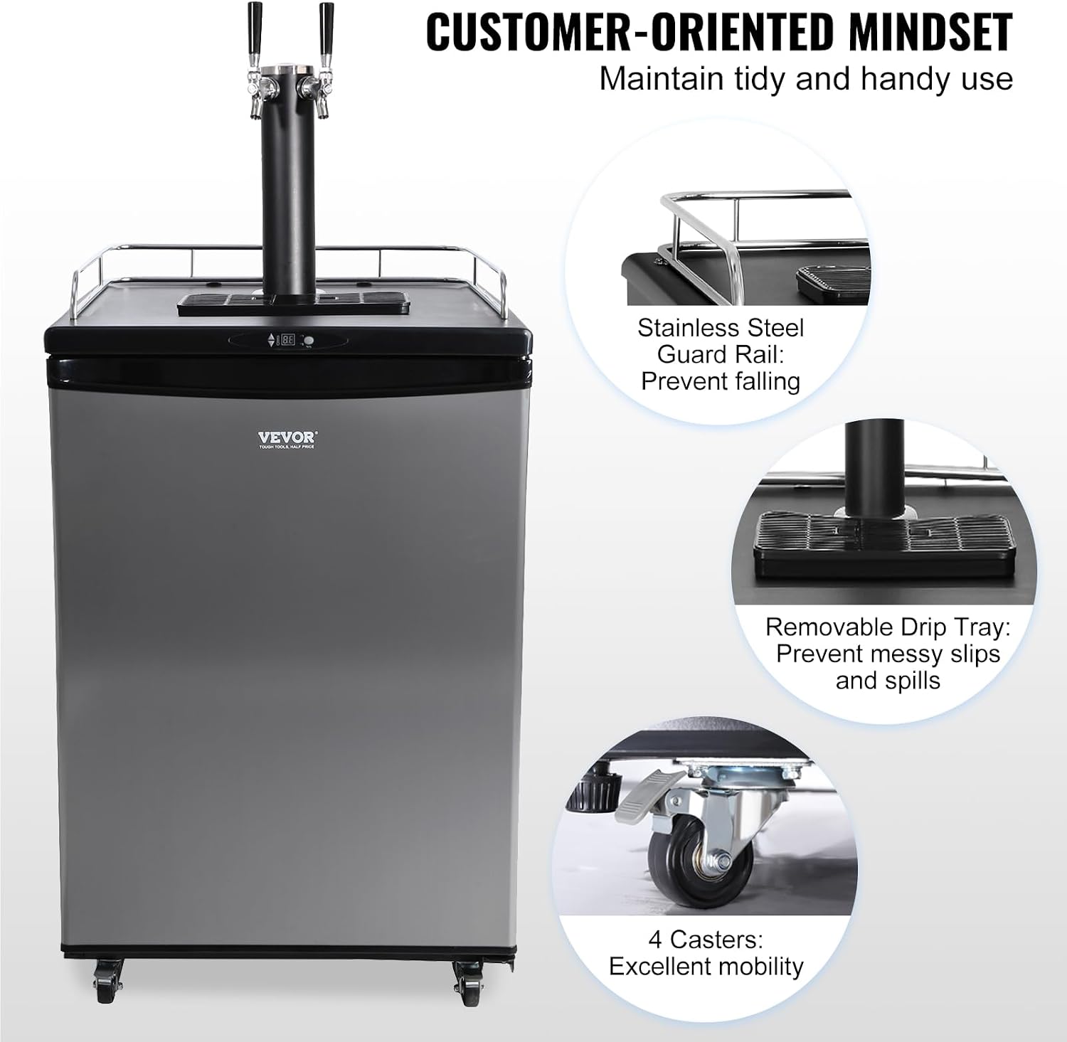 VEVOR Beer Kegerator, Dual Tap Commercial Draft Beer Dispenser for D system, Full Size Keg Refrigerator with 5lbs CO2 Tank, Hold 2 Sixth / 3 Ball lock keg, Silver