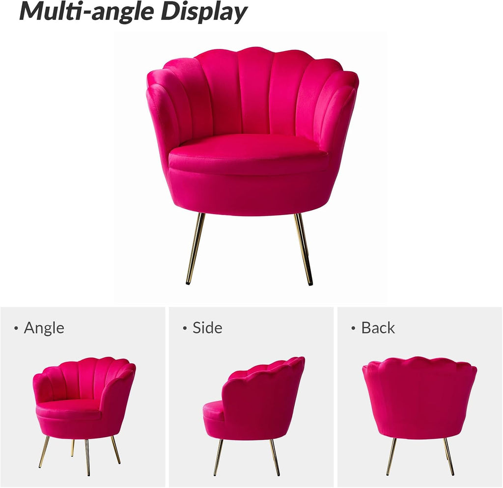 HULALA HOME Modern Velvet Accent Chair with Shell Shaped Back, Cute Living Room Bedroom Armchair with Gold Legs, Comfy Upholstered Vanity Chair for Makeup Room, Fushia