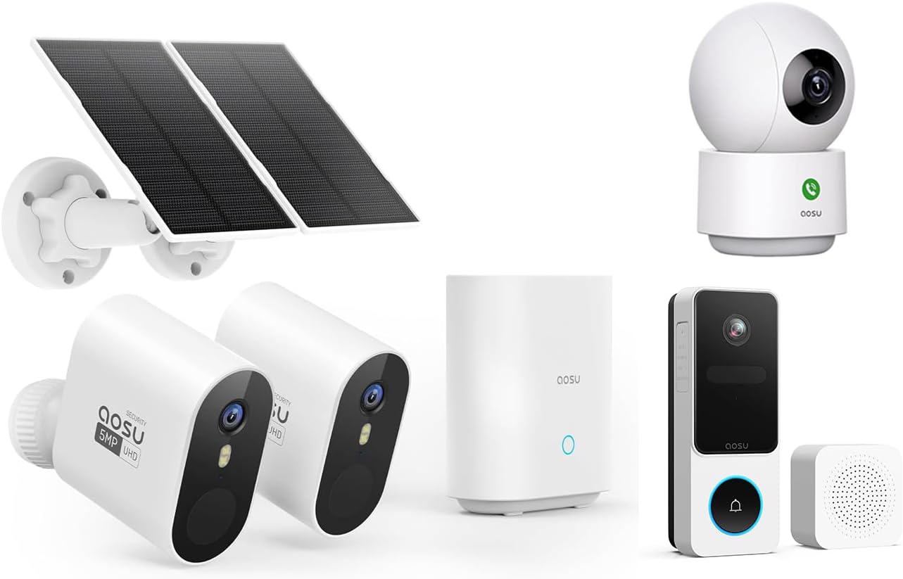 aosu 5MP SolarCam Max System 2-Cam-Kit + 2K Doorbell Camera + 2K Indoor Camera