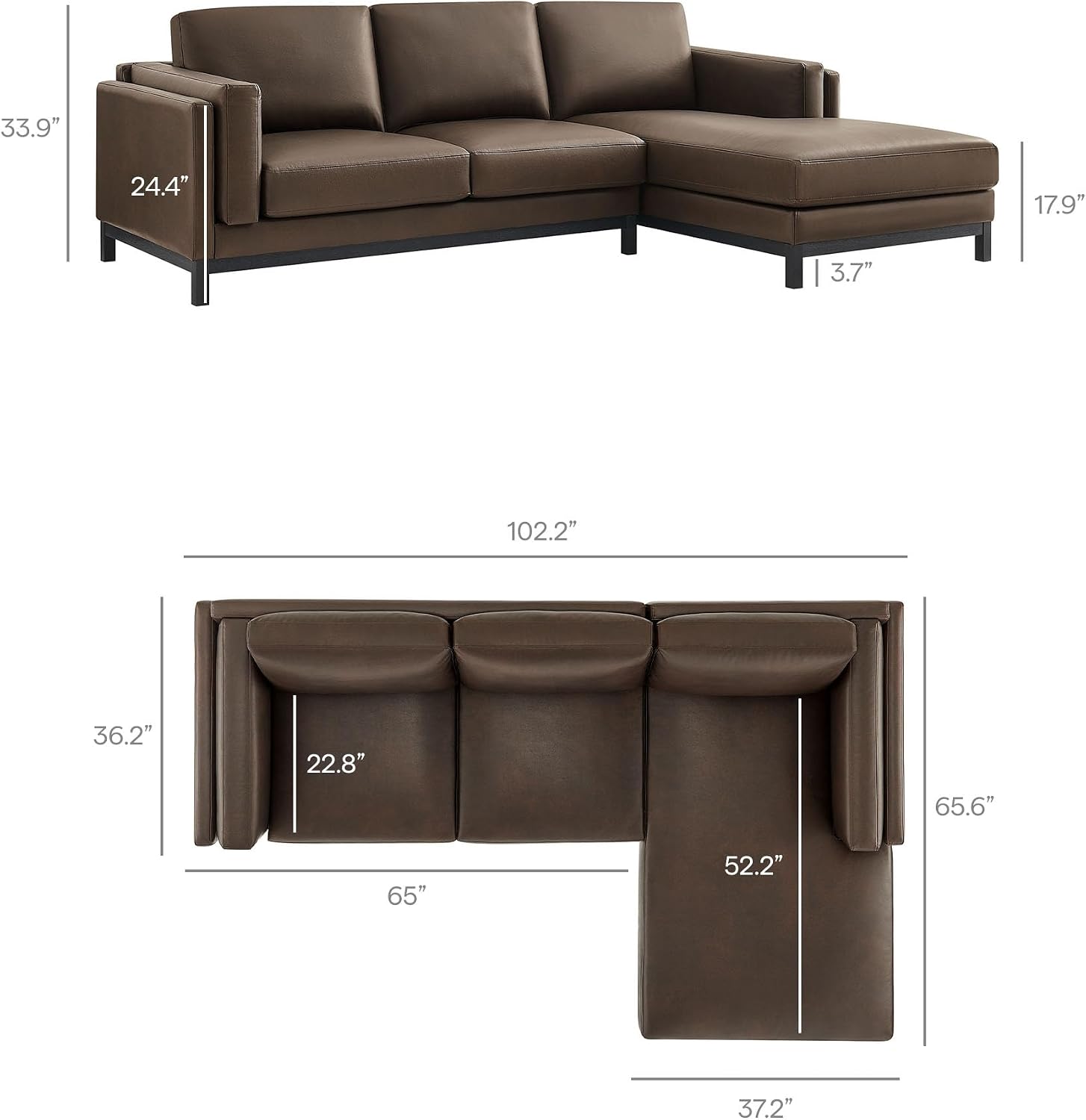 Modway Roscoe Right-Facing Sectional Sofa with Chaise in Espresso - 2-Piece Faux Leather Upholstered Deep Seat Couch, L Shaped Modular for Living Room or Lounge