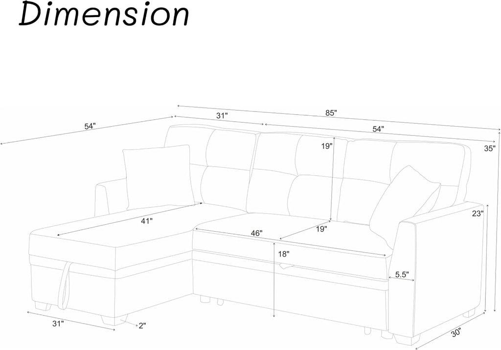 Sectional Sleeper Sofa with Pull Out Bed, L Shape Convertible Couch with Storage Chaise, Comfy Sleeper Couch, 2 in 1 Pull Out Sofa Bed with 2 Seats, for Living Room, Apartment, Beige
