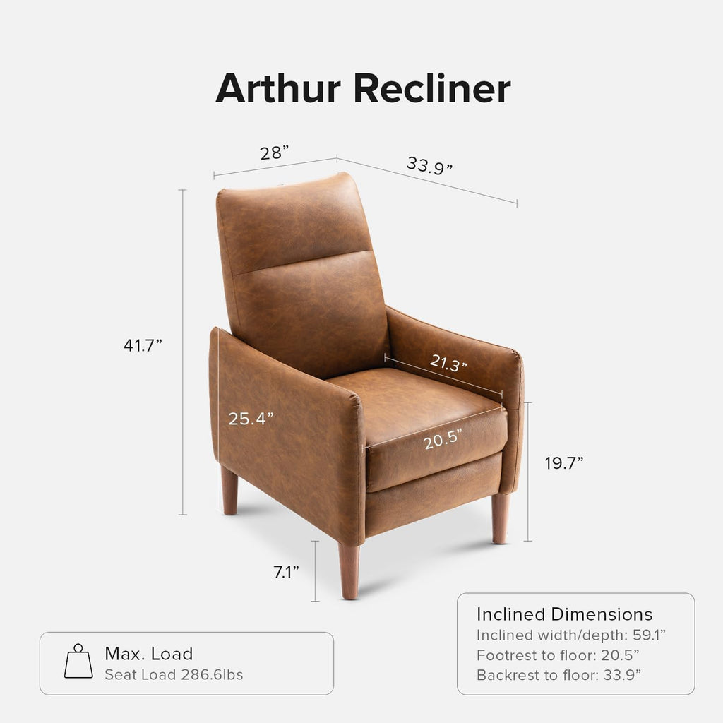 mopio Arthur Recliner Chair with 3 Positions, Accent Armchair, Mid Century Modern Reading Chair, High Back Padded Support Comfy Sleeper Armchair (Pecan Brown Faux Leather)