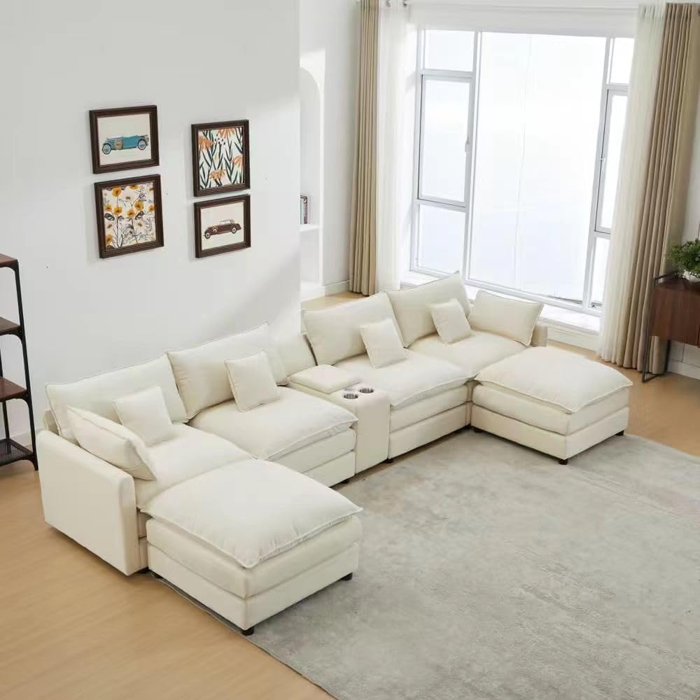 HYJT-H&K 148' U Shaped Cloud Couch Modular Beige Sectional Couches for Living Room, Comfy Fluffy Chenille Oversized Cloud Sectional Couch Large 6 Seat Sectionals Sofa Set Central Console USB Port