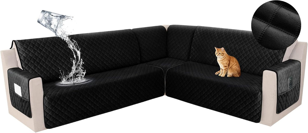 HDCAXKJ Waterproof Corner Sectional Couch Cover Velvet L Shape Sofa Covers for Pets Dogs Soft Heavy Duty U Shaped Sofa Slipcovers Sets for Sectional Non Slip Furniture Protector (Black, X-Large)