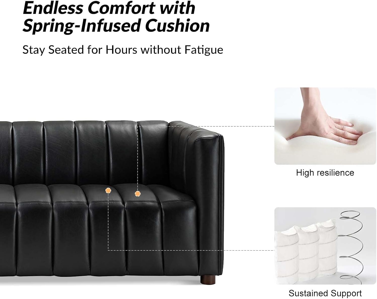 HULALA HOME 83' Genuine Leather Sofa with Channel Tufted Design, 3-Seater Sofa for Living Room Bedroom, Modern Oversized Couch with Wood Legs, Black