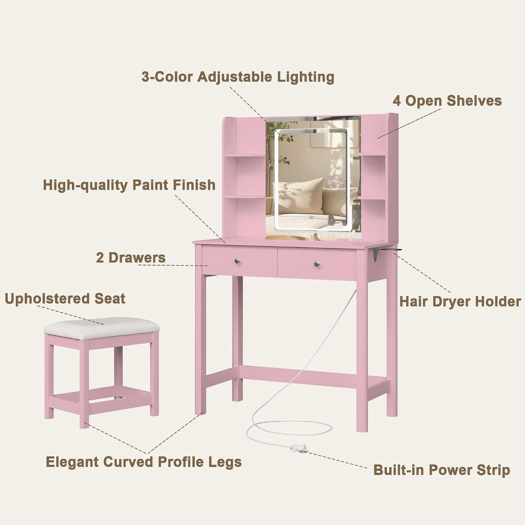 Vanity Desk with Mirror and LED Lights, Small Makeup Vanity Table Set with Drawers and Chair, Dressing Table with Power Outlet for Girls Bedroom, Pink