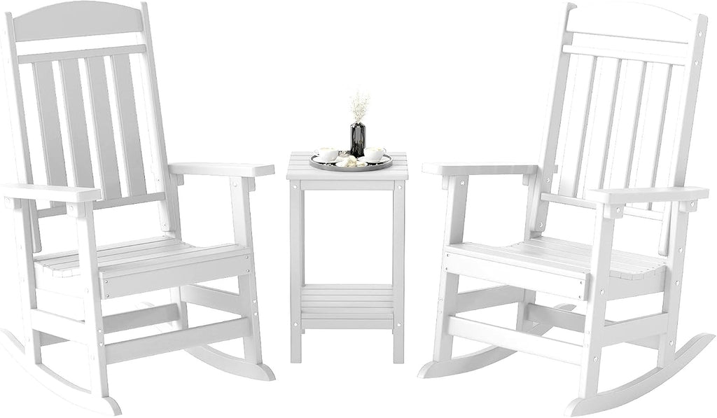 FOOWIN 3-Piece Outdoor Rocking Chairs Set, High Back Patio Rocker with Side Table, HDPE All Weather Resistant Oversized Rocking Chairs for Indoors, Porch, Patio, Backyard, White