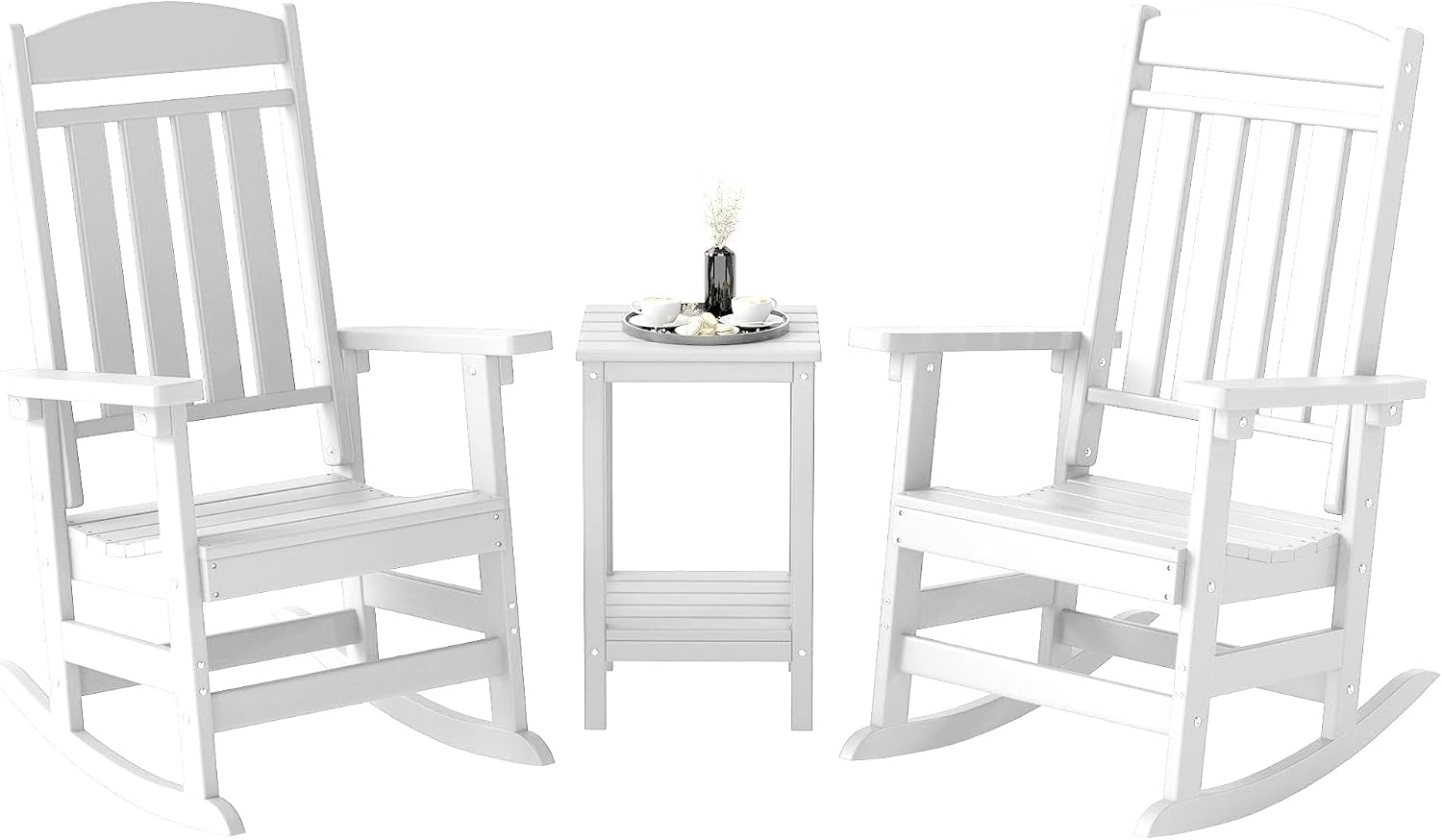FOOWIN 3-Piece Outdoor Rocking Chairs Set, High Back Patio Rocker with Side Table, HDPE All Weather Resistant Oversized Rocking Chairs for Indoors, Porch, Patio, Backyard, White