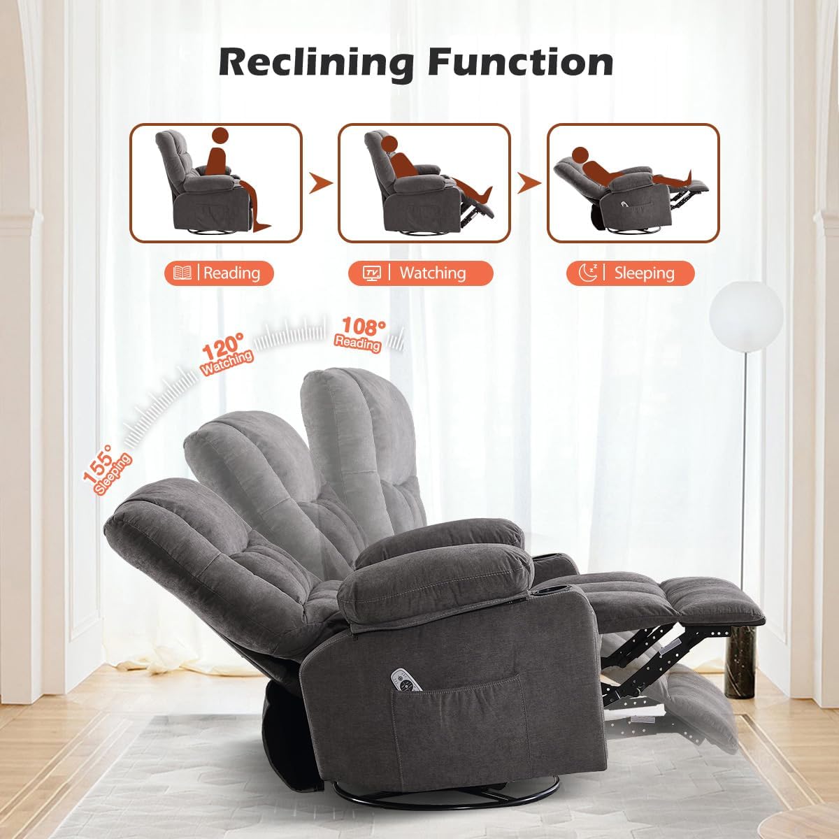 MAHOMICO Recliner Chair with Cup Holders for Living Room Single Seat Manual Oversized Recliner with Ergonomic, Side Pocket for Adult