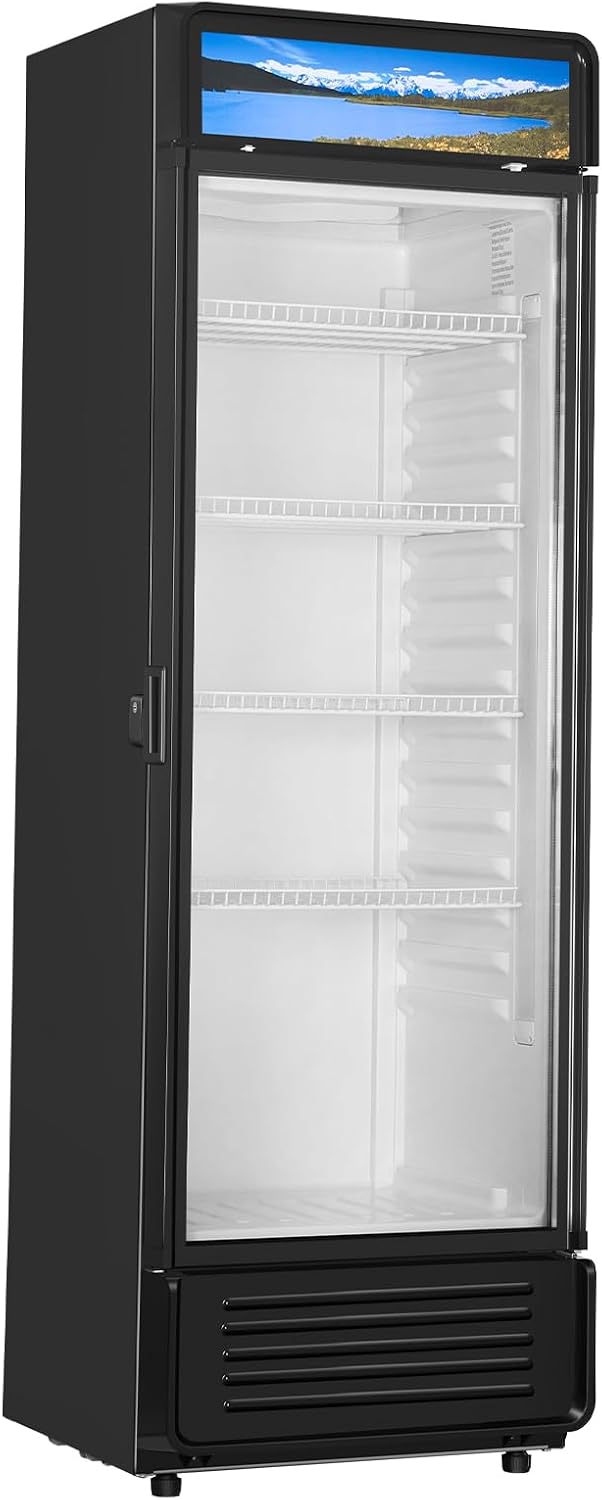 VEVOR Commercial Merchandiser Refrigerator, 13.3 CU.FT Glass Door Display Refrigerator, Beverage Cooler Merchandiser with Adjustable Shelves, Soft LED Light, Customizable Lightbox, Black