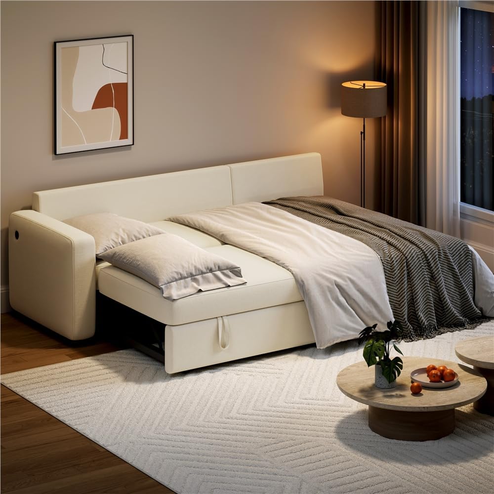 Yaheetech Sectional Sofa L-Shaped Sofa Couch Bed w/Chaise & USB, Reversible Couch Sleeper w/Pull Out Bed & Storage Space Living Room Beige