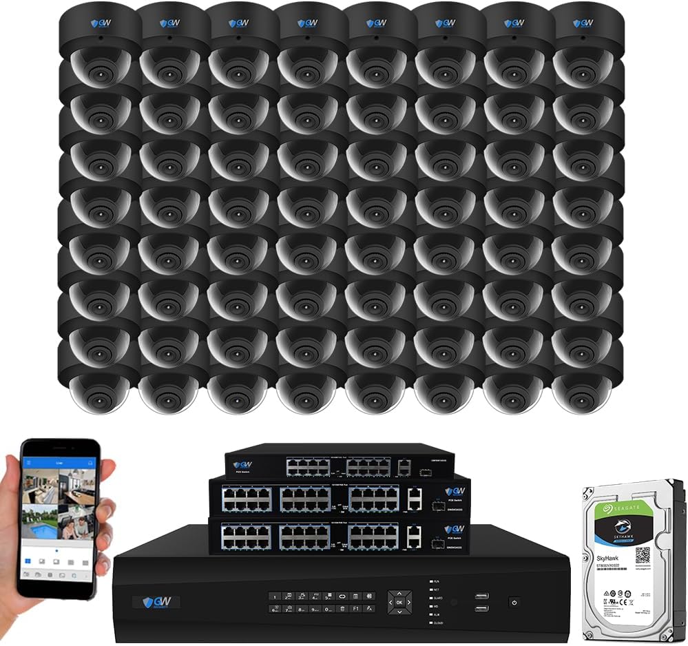 GW Security 64 Channel 12MP NVR UltraHD 4K Face/Human/Vehicle AI Detection Commercial Security Camera System with 64 x 8MP Waterproof Microphone 135° Wide Angle Outdoor Indoor PoE Dome Cameras (Black)