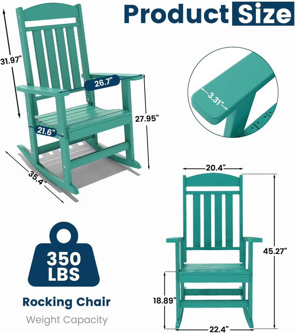 FOOWIN Outdoor Rocking Chair Set of 2, High Back Patio Rocking Chair, HDPE All Weather Resistant Porch Rocker for Adult, Oversized Rocking Chairs for Garden, Lawn, Indoor & Outdoor Use, Lake Blue