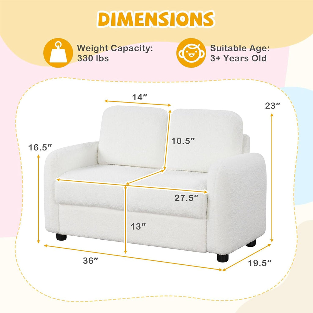 Costzon Kids Couch, 2 Seat Toddler Armrest Chair w/Teddy Fleece Upholstery & Solid Wooden Frame, Double Seat Children's Sofa for Preschool, Bedroom, Playroom, Daycare, Ideal Gift for Girls Boys