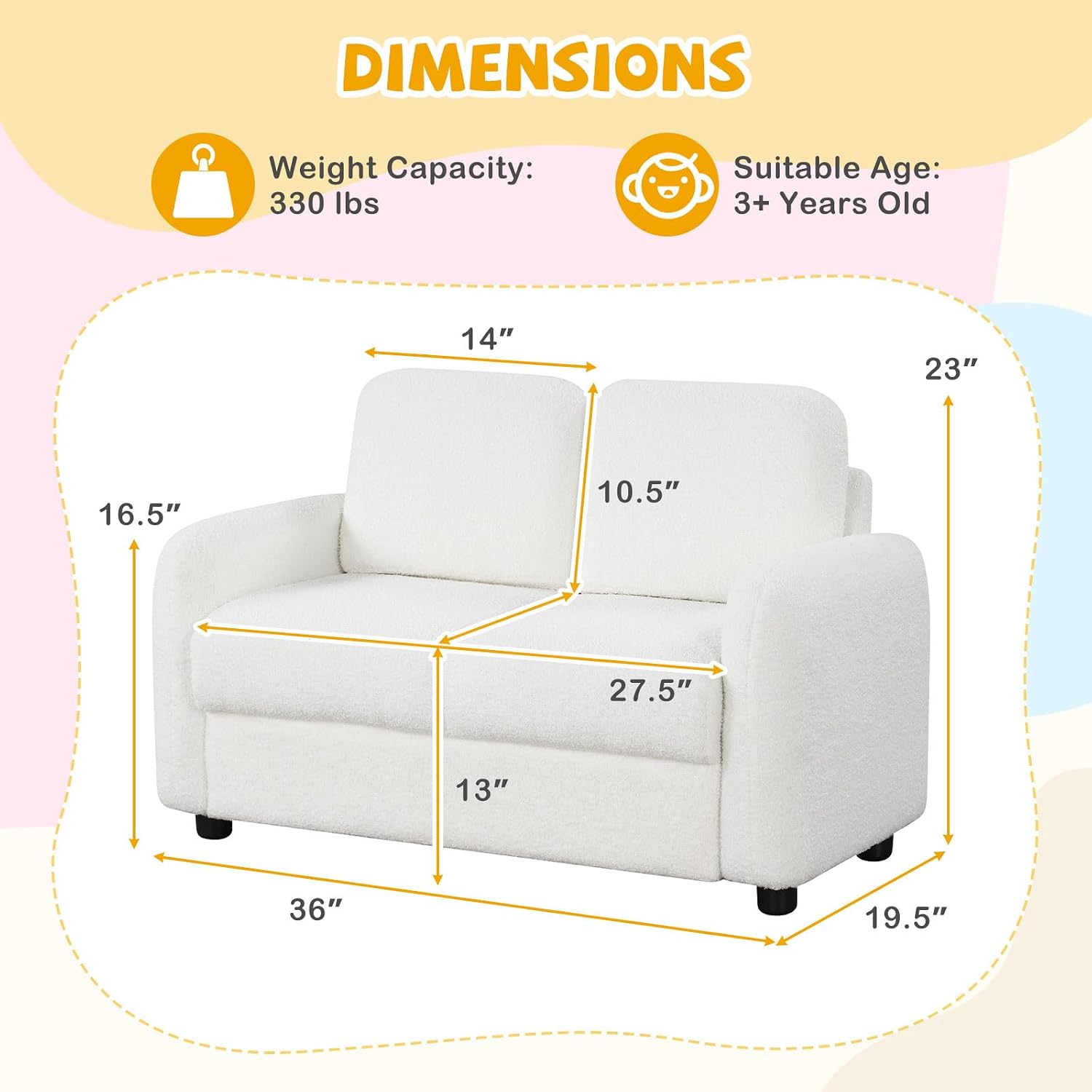 Costzon Kids Couch, 2 Seat Toddler Armrest Chair w/Teddy Fleece Upholstery & Solid Wooden Frame, Double Seat Children's Sofa for Preschool, Bedroom, Playroom, Daycare, Ideal Gift for Girls Boys