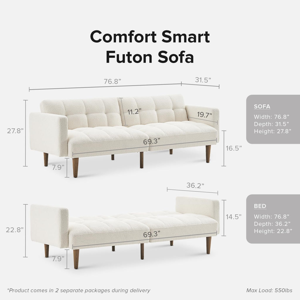 mopio 76.4' Futon Sofa Bed, Couch, Loveseat, Sleeper Sofa, Mid Century Modern Futon Couch, Sofa Cama, Couches for Living Room (Aaron, Pearl White Boucle)