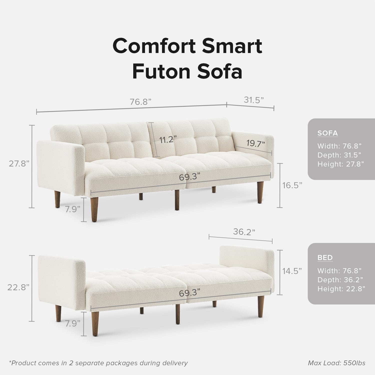 mopio 76.4' Futon Sofa Bed, Couch, Loveseat, Sleeper Sofa, Mid Century Modern Futon Couch, Sofa Cama, Couches for Living Room (Aaron, Pearl White Boucle)