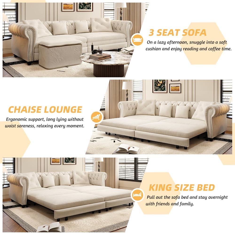 3 in 1 Oversized Chesterfield Loveseat Sofa Convertible Pull Out Sleeper Sofabed King Size Couch Bed w/Movable Ottoman and Nailhead Trim for Living Room Tufted Velvet Recliner Daybed Sofacama