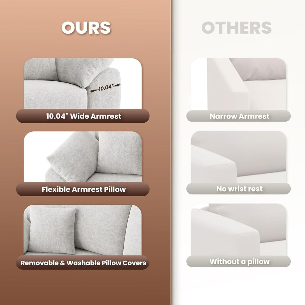 MALOL 90' Boneless Loveseat Sofa, Cloud Foam Couch, 3 Seater Upholstered Midcentury Mondern Love Seat, Wide Armrest and 4 Pillows for Home Living Room/Small Spaces, No Assembly Required, Beige