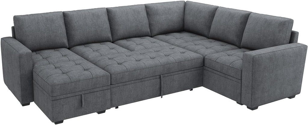 HONBAY Modular Sectional Couch with Pull Out Bed,Moduar Sleeper Sofa with Storage,U Shaped Sectional Couches for Living Room,Bluish Grey