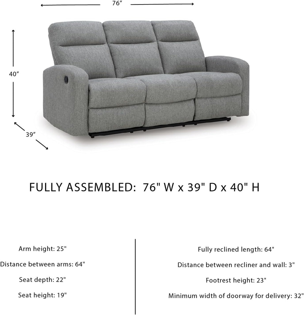 Signature Design by Ashley Carrigan Lane Classic Manual Pull Tab Dual Sided Reclining Sofa with Position Lock, Gray