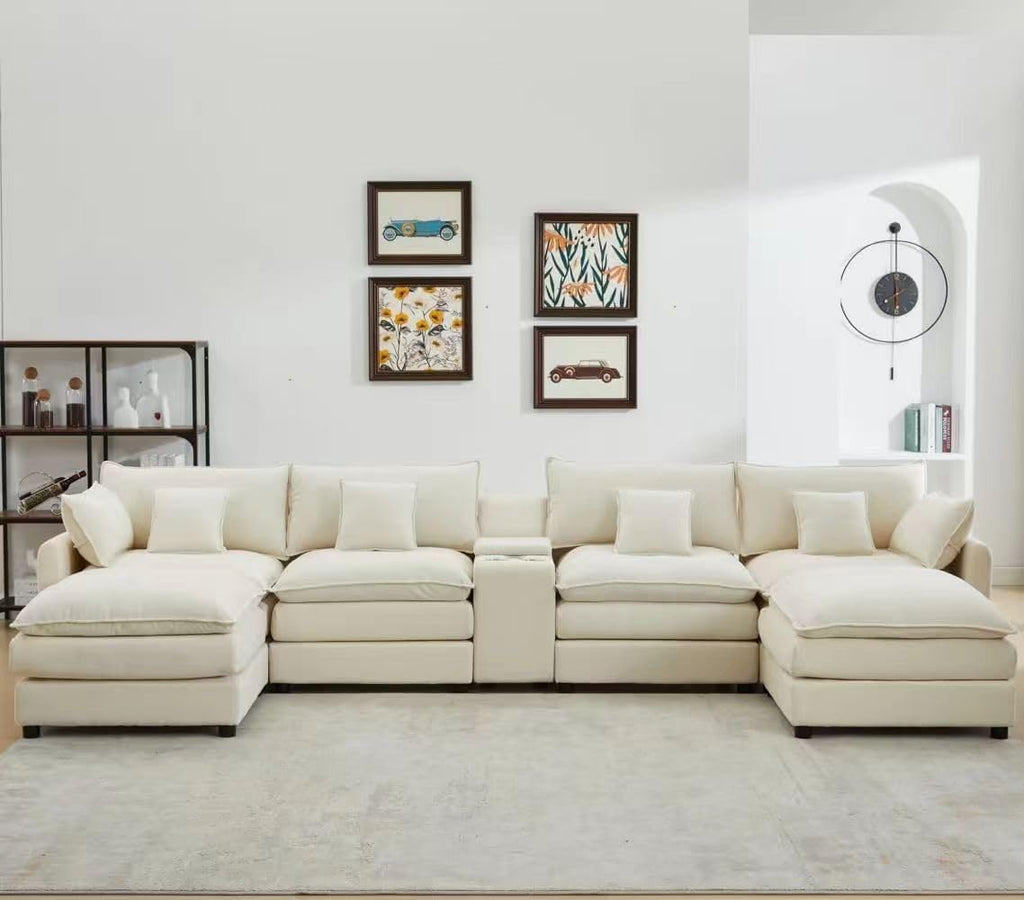 HYJT-H&K 148' U Shaped Cloud Couch Modular Beige Sectional Couches for Living Room, Comfy Fluffy Chenille Oversized Cloud Sectional Couch Large 6 Seat Sectionals Sofa Set Central Console USB Port