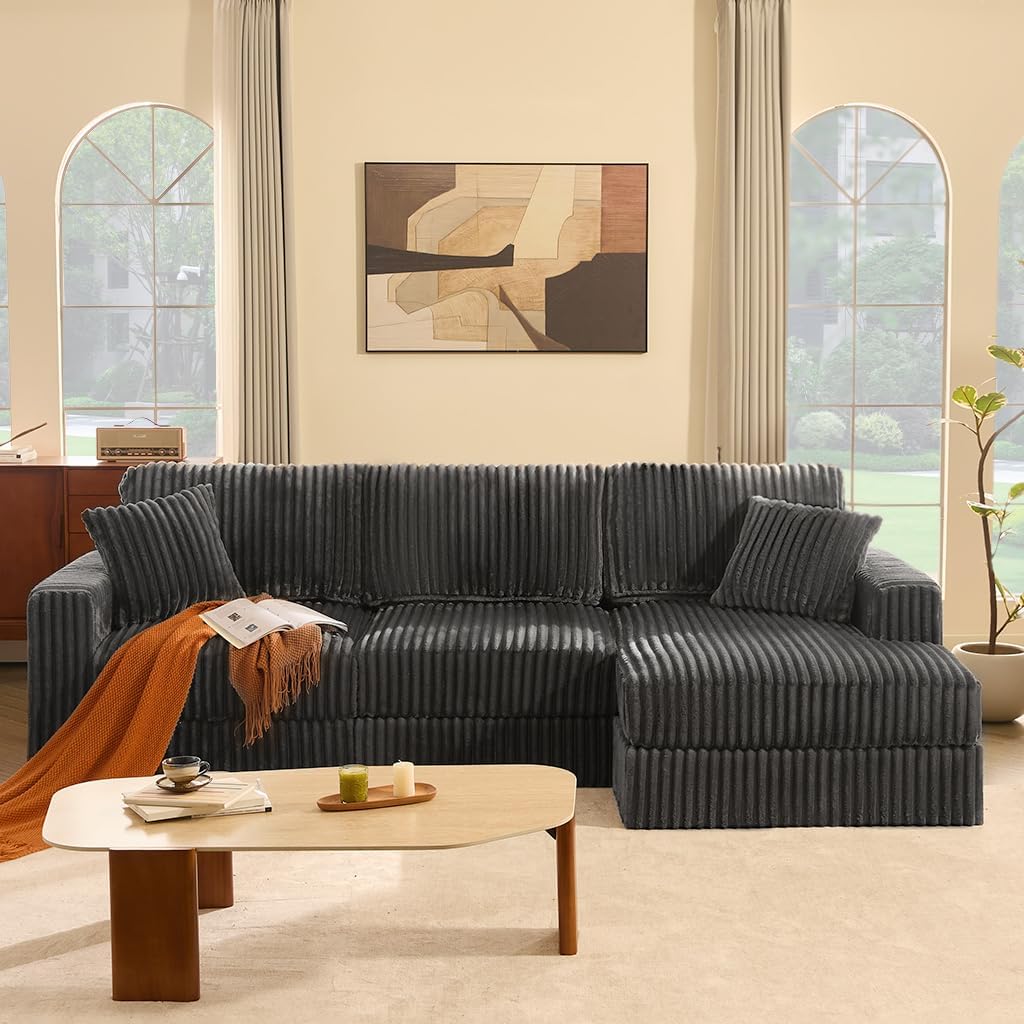 Cloud Couch 113' L-Shaped Couch (Not Boneless), 3-Seater Modular Sectional Couch, Queen Sofa with Corduroy Upholstery, Deep Seats, High Backrest & Pocket Spring Cushions, Right Facing Chaise, Grey