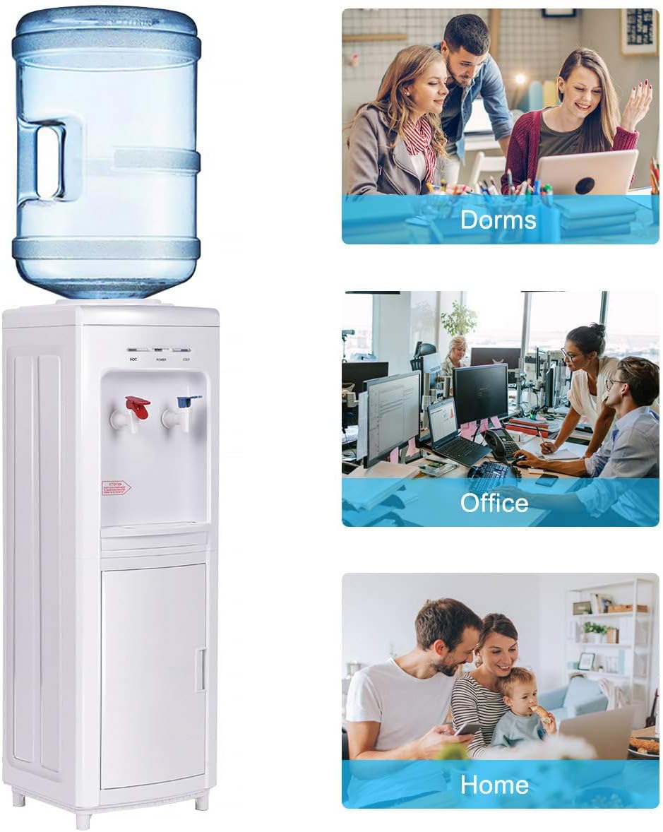 COSTWAY Water Cooler Dispenser for 3-5 Gallon Bottle, Top Loading Hot and Cold Water Dispenser with Storage Cabinet, Child Lock, Water Cooler with Compression Refrigeration Technology, White