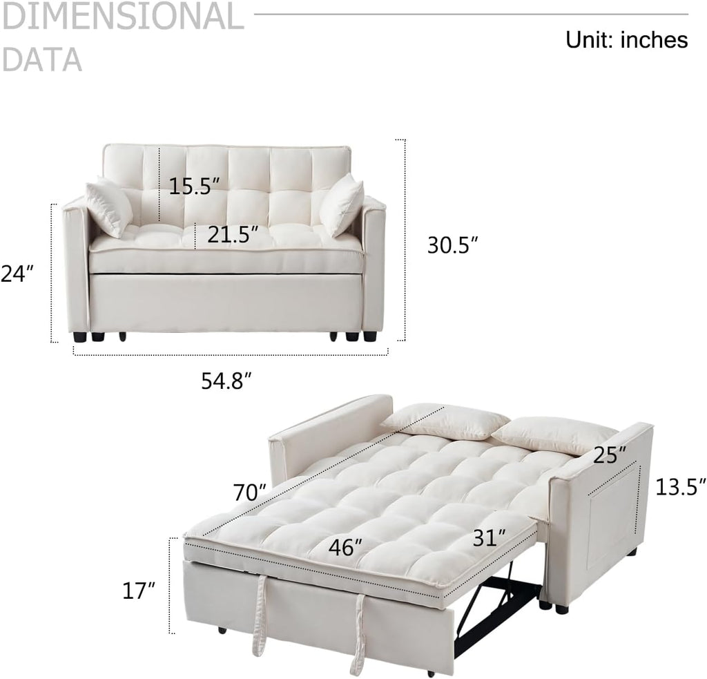 ECHINGLE Futon Sofa Bed, 3 in 1 Sleeper Sofa Couch Bed with Armrests, Storage Pockets and 2 Pillows, Adjustable Backrest, Sofa Bed Couch for Living Room, Bedroom, Office,Reading Room(Beige)