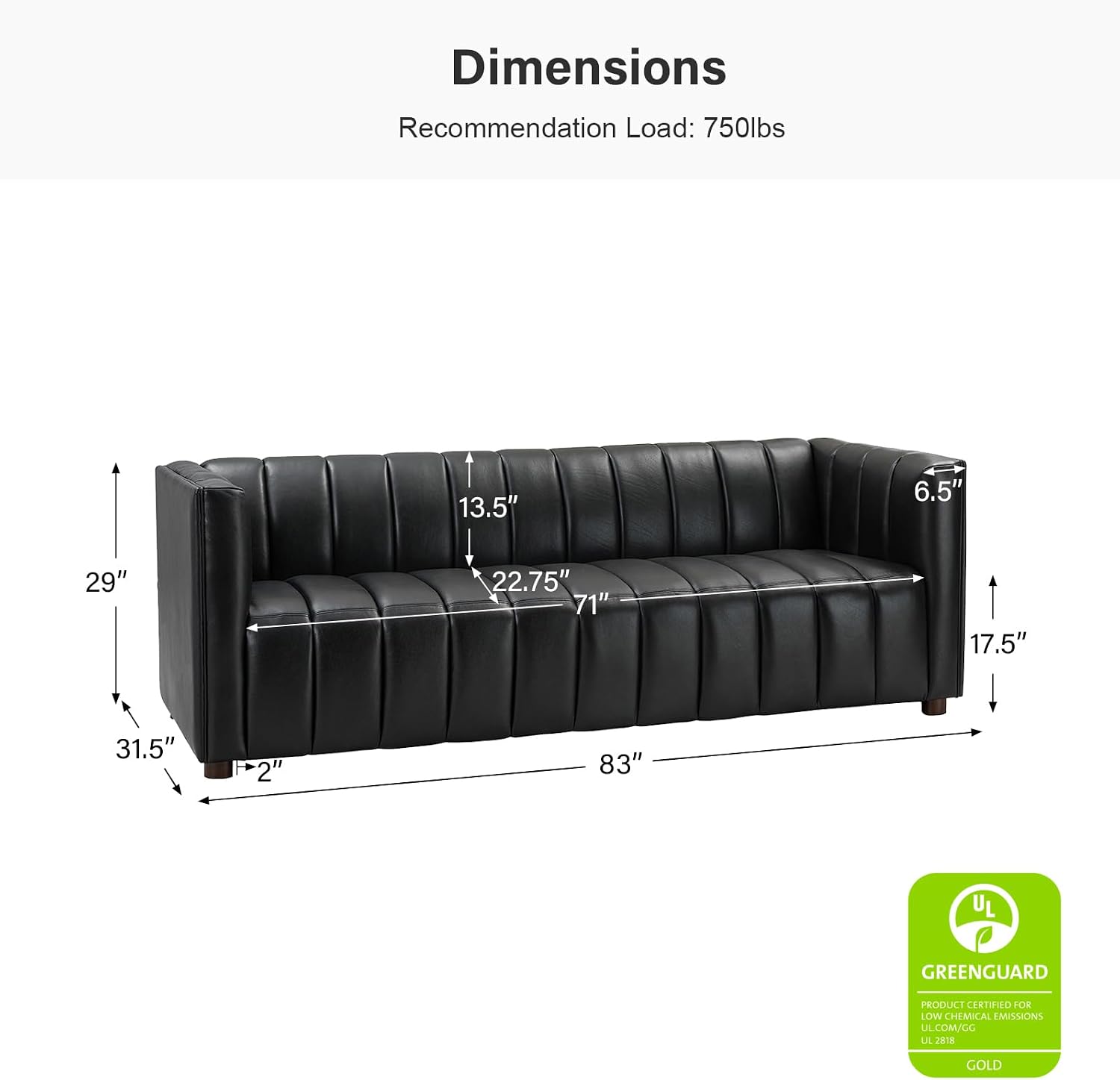 HULALA HOME 83' Genuine Leather Sofa with Channel Tufted Design, 3-Seater Sofa for Living Room Bedroom, Modern Oversized Couch with Wood Legs, Black