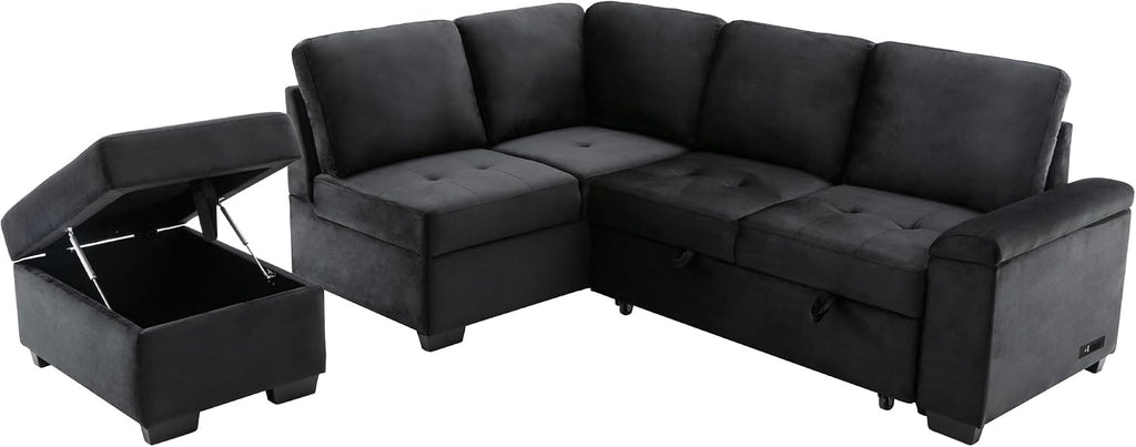 LUMISOL 87.4' Convertible Sleeper Sofa Bed with Storage Ottoman, L-Shaped Sectional Sofa with Storage Arm & Charging Stations, Pull Out Sofa Couch with Chaise for Living Room, Black