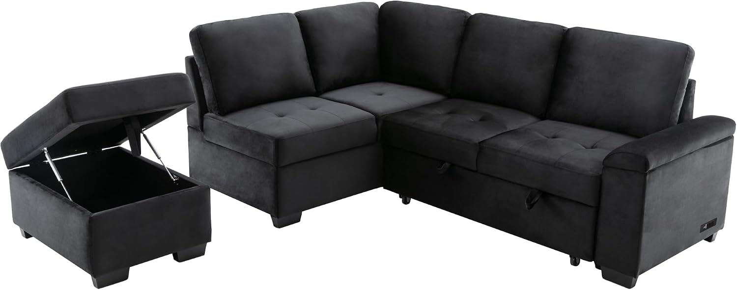 LUMISOL 87.4' Convertible Sleeper Sofa Bed with Storage Ottoman, L-Shaped Sectional Sofa with Storage Arm & Charging Stations, Pull Out Sofa Couch with Chaise for Living Room, Black